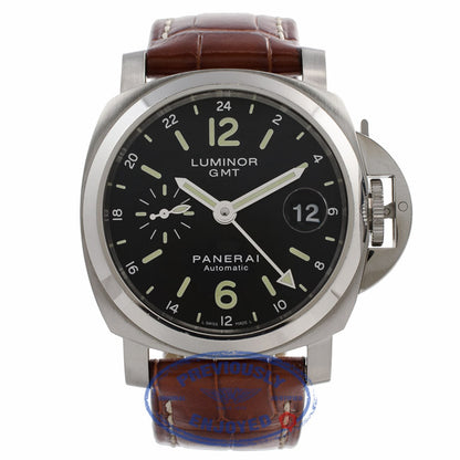 Panerai Luminor GMT 40MM  Stainless Steel Case Black Dial Brown Leather Strap PAM00244 VEPR2U - Beverly Hills Watch Store