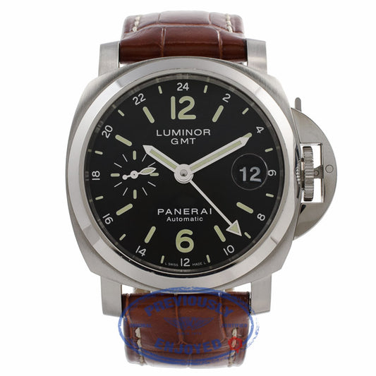 Panerai Luminor GMT 40MM  Stainless Steel Case Black Dial Brown Leather Strap PAM00244 VEPR2U - Beverly Hills Watch Store