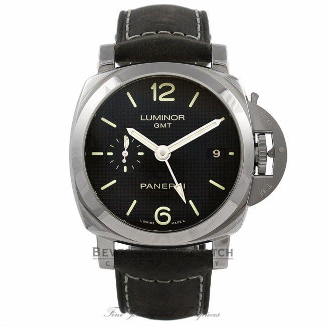 Panerai Luminor GMT 1950 3 Days Black Hobnail Dial Stainless Steel Leather Strap PAM00535 4KLWTP - Beverly Hills Watch Company Watch Store