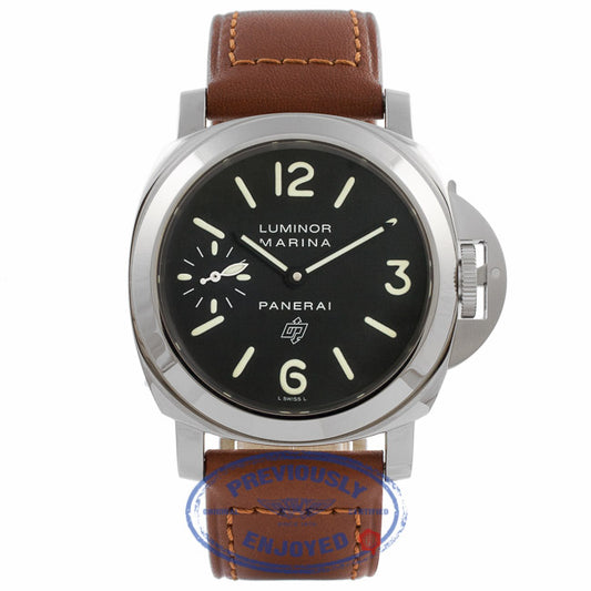 Panerai Luminor Marina Black Dial Stainless Steel Tan Leather Strap PAM00005 EYA2D9 - Beverly Hills Watch Store