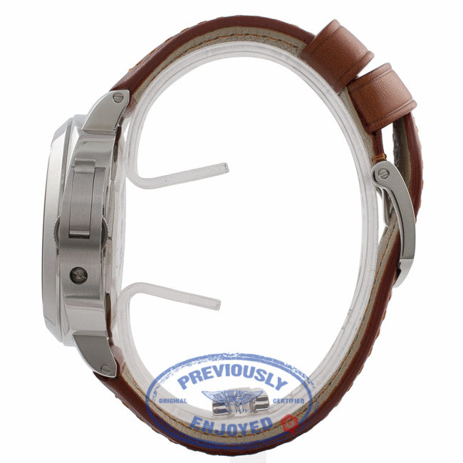 Panerai Luminor Marina Black Dial Stainless Steel Tan Leather Strap PAM00005 EYA2D9 - Beverly Hills Watch Store