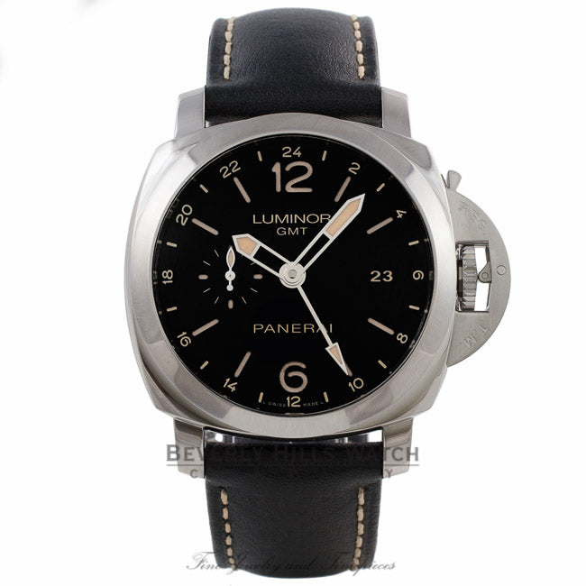 Panerai Luminor 1950 3 Days GMT 44MM Stainless Steel Black Dial Black Leather Strap PAM00531 7TPY6E - Beverly Hills Watch Company Watch Store