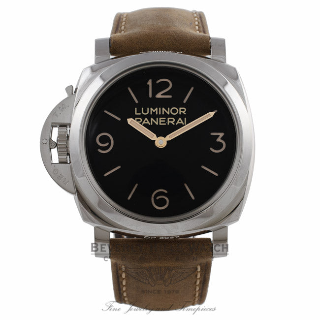 Panerai Luminor 1950 47MM Left-Handed Stainless Steel Black Dial Leather Strap PAM00557 K380KD - Beverly Hills Watch Company Watch Store