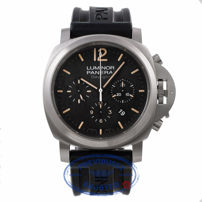 Panerai Daylight Chronograph Orange Markings Black Dial PAM00356 4TJCTW - Beverly Hills Watch Company Watch Store
