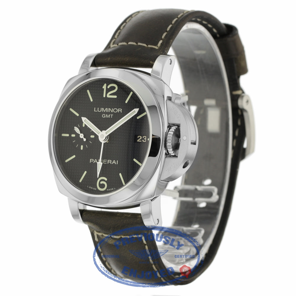 Panerai Luminor GMT 1950 3 Days Black Hobnail Dial Stainless Steel Leather Strap PAM00535 NNRDEL - Beverly Hills Watch Company