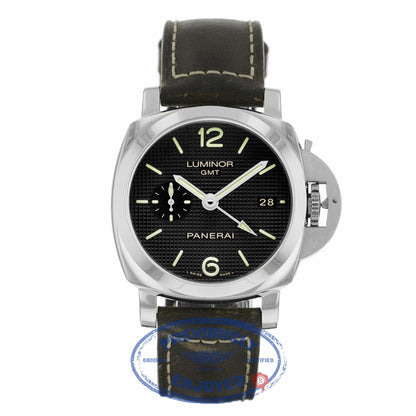 Panerai Luminor GMT 1950 3 Days Black Hobnail Dial Stainless Steel Leather Strap PAM00535 NNRDEL - Beverly Hills Watch Company