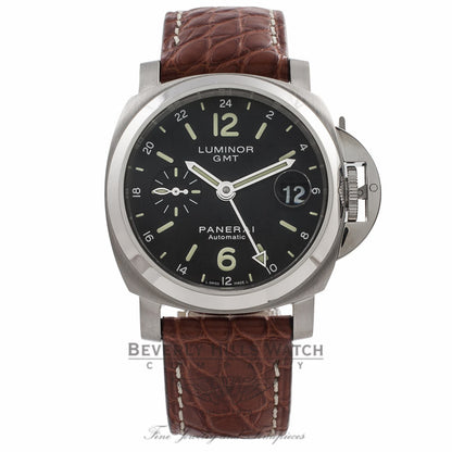 Panerai Luminor GMT 40MM  Stainless Steel Case Black Dial Brown Leather Strap PAM00244 JMR4YP - Beverly Hills Watch Store
