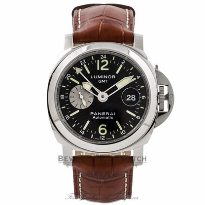 Panerai Luminor GMT 44MM Stainless Steel Black Dial Brown Alligator Strap PAM00088 63RW57 - Beverly Hills Watch Company Watch Store
