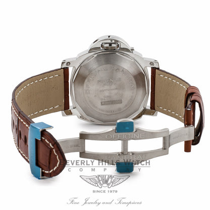 Panerai Luminor GMT 44MM Stainless Steel Black Dial Brown Alligator Strap PAM00088 63RW57 - Beverly Hills Watch Company Watch Store