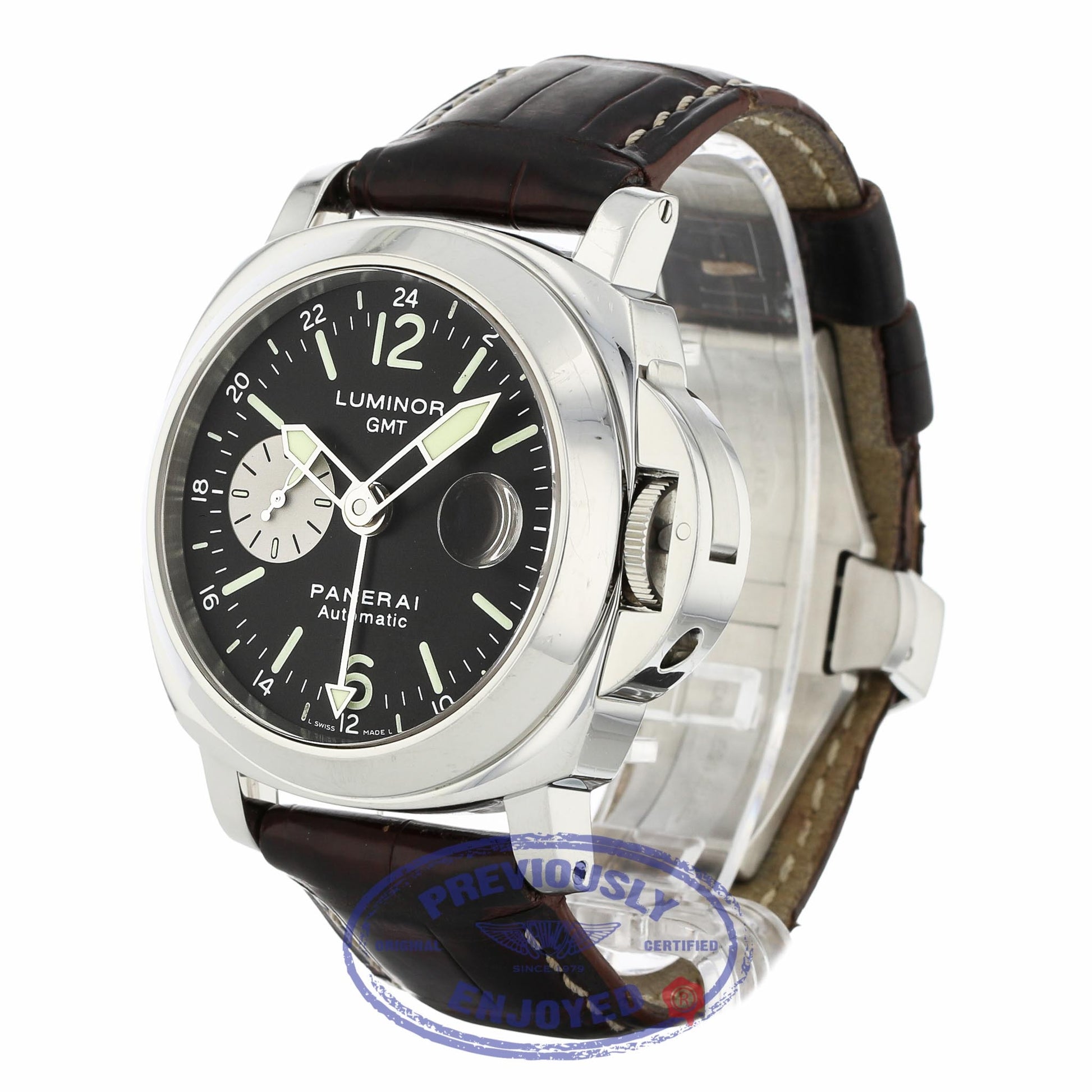 Panerai Luminor GMT 44MM Stainless Steel Black Dial Brown Alligator Strap PAM00088 XT4L9T - Beverly Hills Watch Company