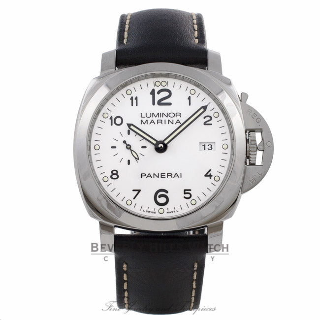 Panerai Luminor Marina 1950 3 Day Power Reserve Stainless Steel White Dial Leather Strap PAM00499  TU9097 - Beverly Hills Watch Company Watch Store
