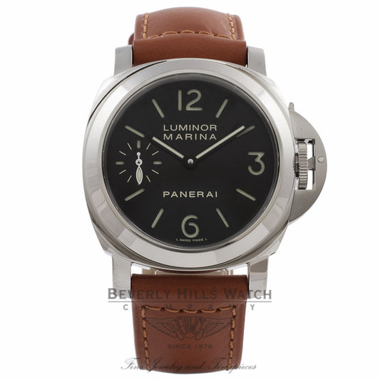 Panerai Luminor Marina 44MM Stainless Steel Black Dial Tan Leather Strap PAM00111 W4YEUA - Beverly Hills Watch Store