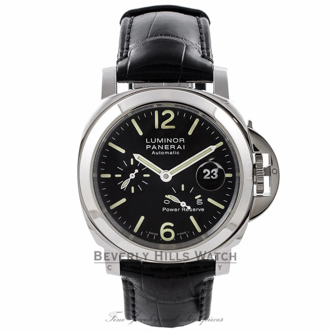 Panerai Luminor Power Reserve 44MM Stainless Steel Black Dial Alligator Strap PAM00090 8PTLAM - Beverly Hills Watch Store