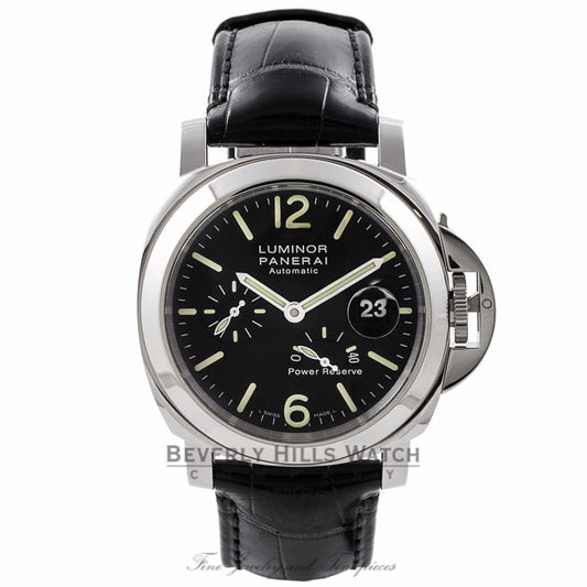 Panerai Luminor Power Reserve 44MM Stainless Steel Black Dial Alligator Strap PAM00090 8PTLAM - Beverly Hills Watch Store