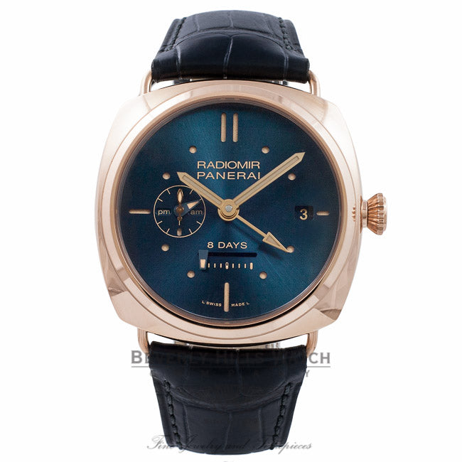 Panerai 8 Days GMT Oro Rosso 45MM 18K Rose Gold Blue Dial & Blue Navy Alligator Strap PAM00538 PAA11U - Beverly Hills Watch Stor