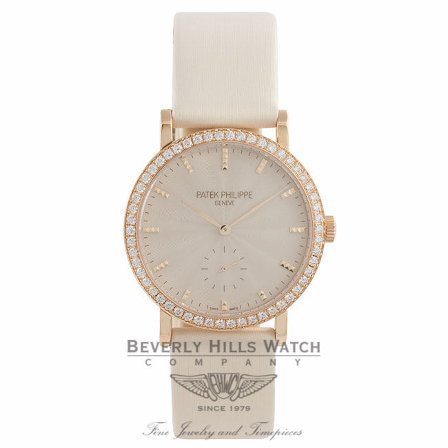 Patek Philippe Calatrava 31MM ladies 18k Rose Gold Diamond Bezel Guilloched Cream Dial 7120R-001 5VDQNX - Beverly Hills Watch Company Watch Store