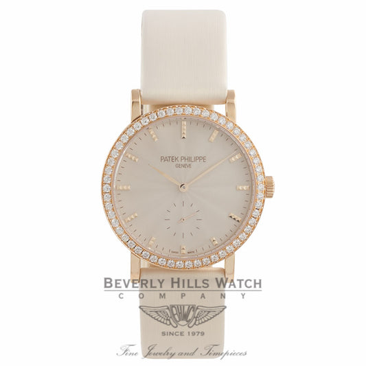 Patek Philippe Calatrava 31MM ladies 18k Rose Gold Diamond Bezel Guilloched Cream Dial 7120R-001 5VDQNX - Beverly Hills Watch Company Watch Store
