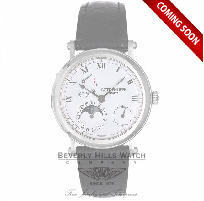 Patek Philippe 18k White Gold 36MM Moon phase White Dial Black Alligator Strap 5054G 491J1M - Beverly Hills Watch Company Watch Store