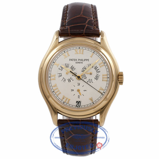 Patek Philippe Annual Calendar Complication Yellow Gold Cream Dial Brown Alligator Strap 5035J-001 C21VUW - Beverly Hills Watch Store