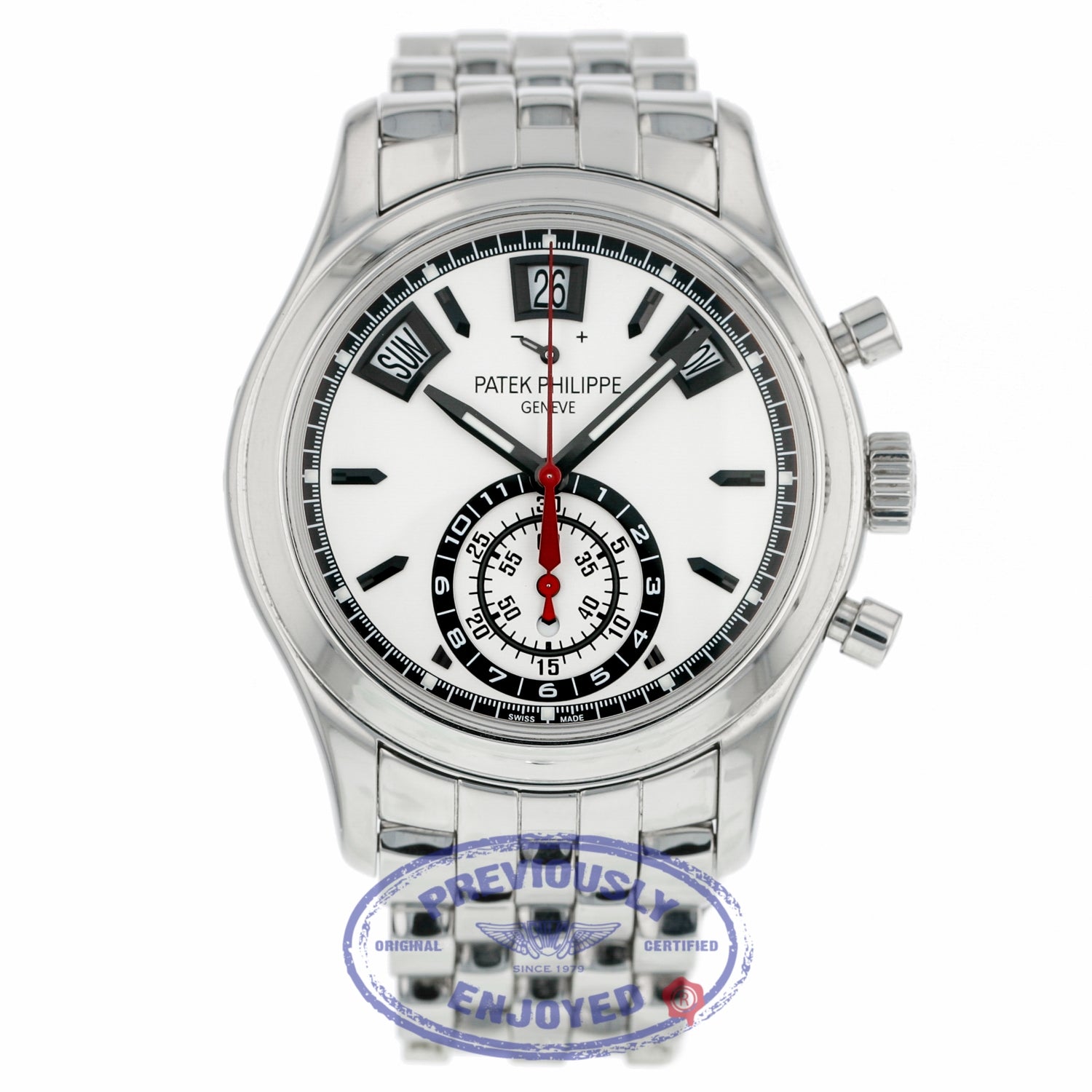 Patek Philippe Annual Calendar Chronograph 40.5mm Stainless Steel Silver Dial 5960/1A-001 D48PXV - Beverly Hills Watch Company