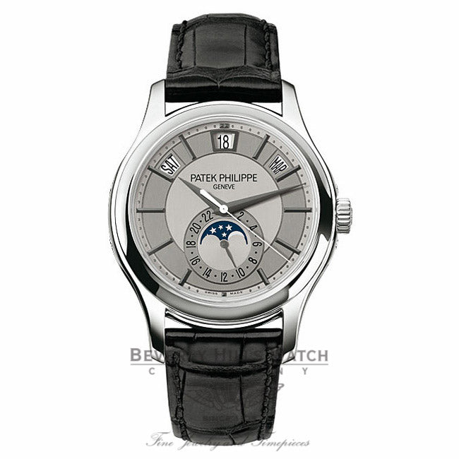 Patek Philippe Complications 18k White Gold Grey Dial Black Leather Strap 5205G-001 MXFF1T - Beverly Hills Watch Company Watch Store