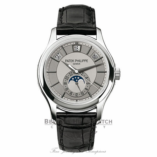 Patek Philippe Complications 18k White Gold Grey Dial Black Leather Strap 5205G-001 MXFF1T - Beverly Hills Watch Company Watch Store
