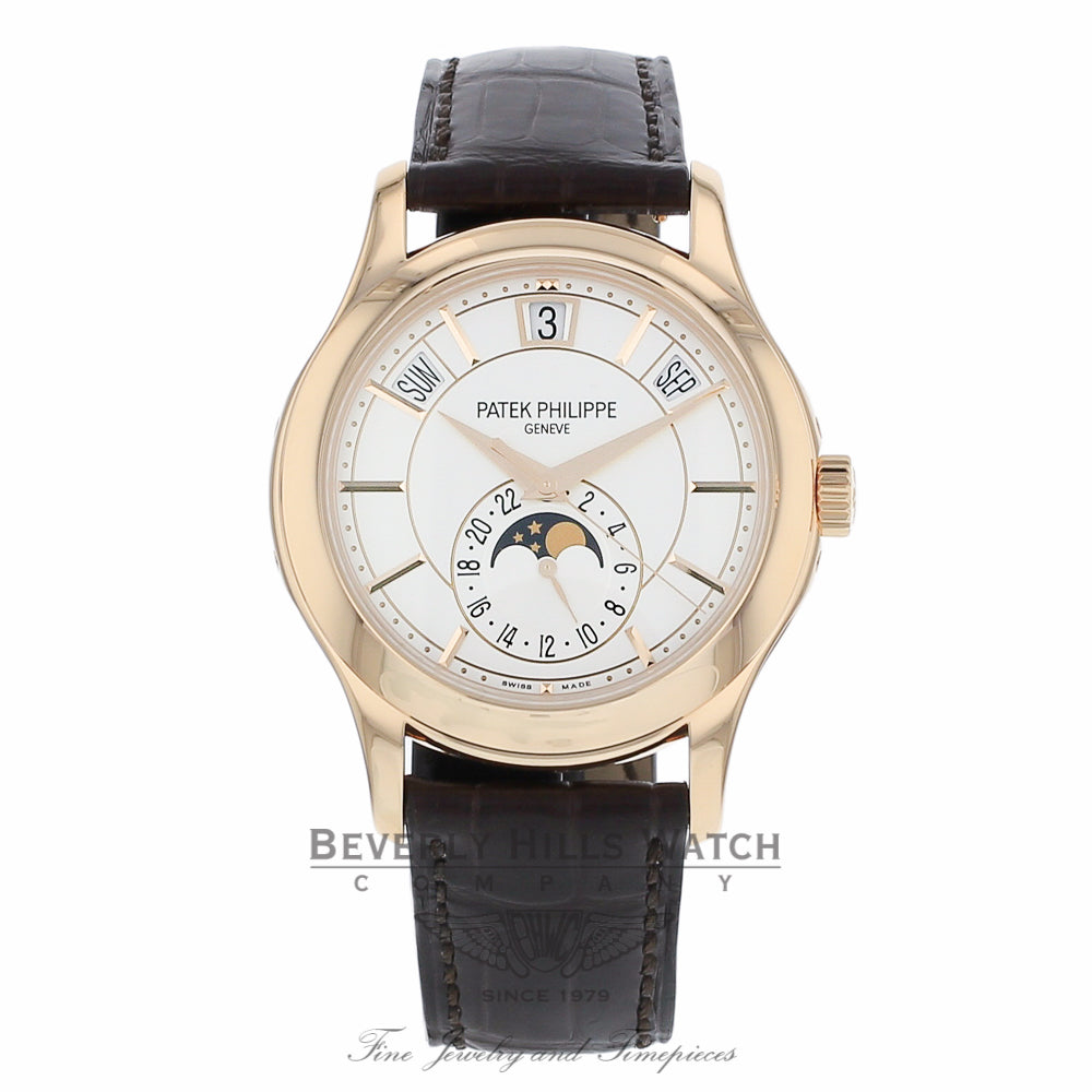Patek Philippe Annual Calendar Opaline White Dial Brown Leather 5205R/001 QJV194 - Beverly Hills Watch