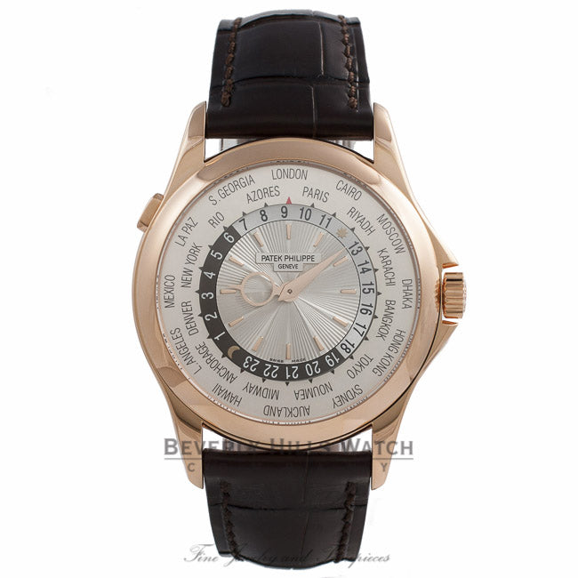 Patek Philippe Complication World Time 39MM 18k Rose Gold Silver Sunburst Dial 5130R-018 5QP3PA  - Beverly Hills Watch Company Watch Store