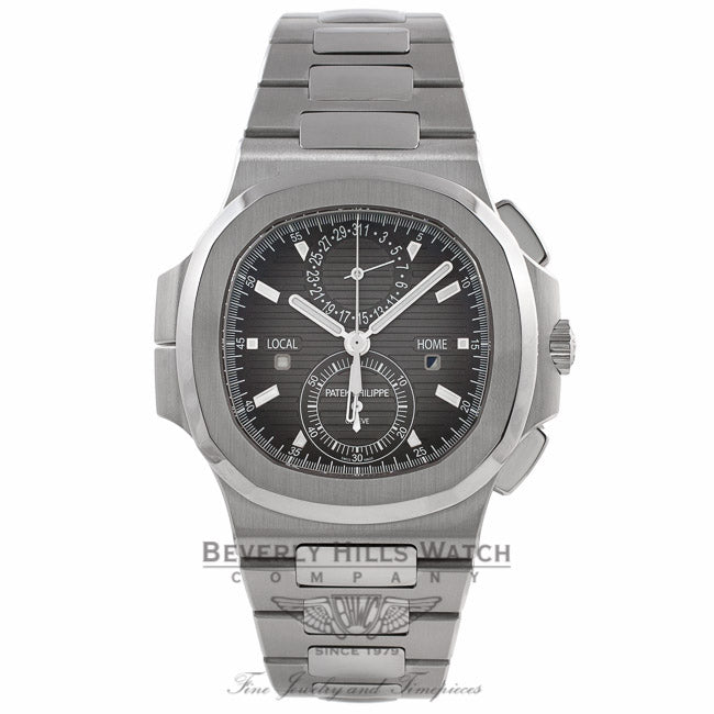 Patek Philippe Nautilus Travel Time Chronograph Stainless Steel Black Dial 5990/1A-001 Q63J53 - Beverly Hills Watch Company Watch Store