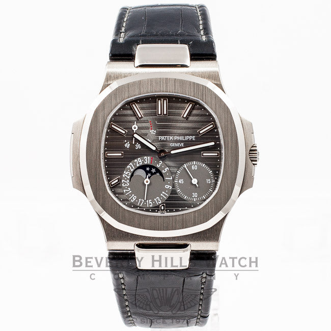 Patek Philippe Nautilus 5712 18K White Gold Case Slate Dial Moonphase Power Reserve Leather Strap Watch 5712G-001 Beverly Hills Luxury Watch Store