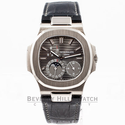 Patek Philippe Nautilus 5712 18K White Gold Case Slate Dial Moonphase Power Reserve Leather Strap Watch 5712G-001 Beverly Hills Luxury Watch Store