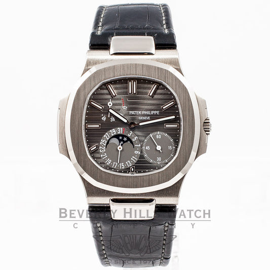 Patek Philippe Nautilus 5712 18K White Gold Case Slate Dial Moonphase Power Reserve Leather Strap Watch 5712G-001 Beverly Hills Luxury Watch Store