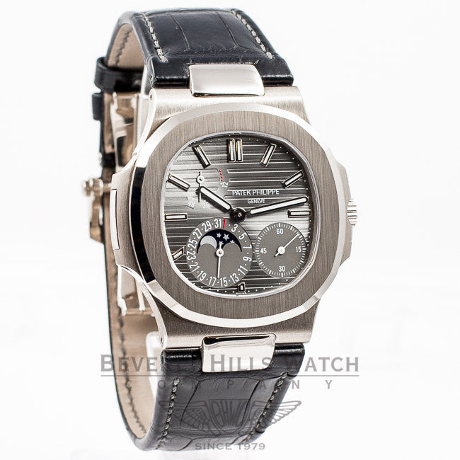 Patek Philippe Nautilus 5712 18K White Gold Case Slate Dial Moonphase Power Reserve Leather Strap Watch 5712G-001 Beverly Hills Luxury Watch Store