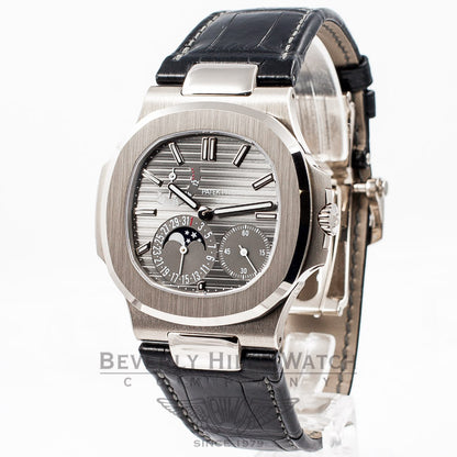 Patek Philippe Nautilus 5712 18K White Gold Case Slate Dial Moonphase Power Reserve Leather Strap Watch 5712G-001 Beverly Hills Luxury Watch Store