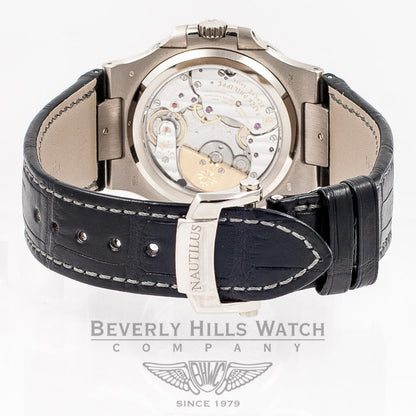 Patek Philippe Nautilus 5712 18K White Gold Case Slate Dial Moonphase Power Reserve Leather Strap Watch 5712G-001 Beverly Hills Luxury Watch Store