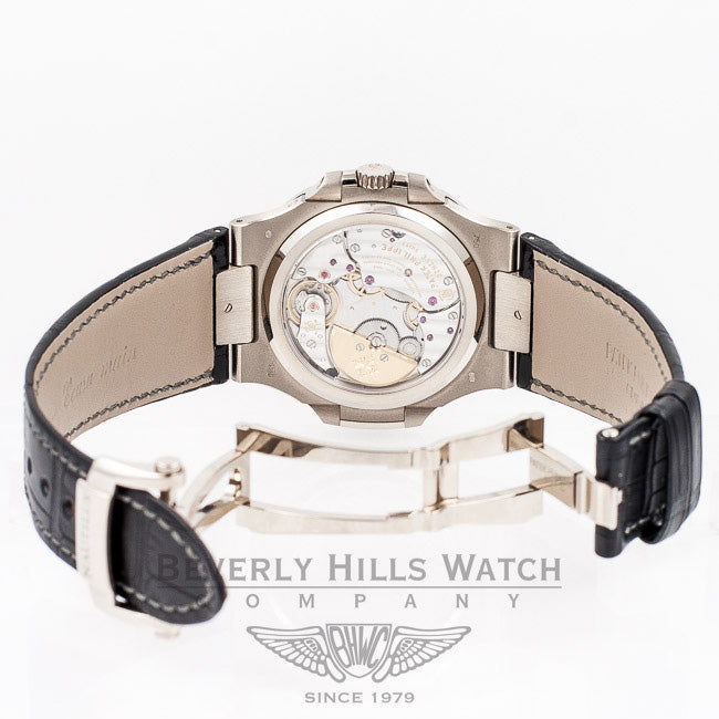 Patek Philippe Nautilus 5712 18K White Gold Case Slate Dial Moonphase Power Reserve Leather Strap Watch 5712G-001 Beverly Hills Luxury Watch Store