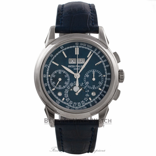 Patek Philippe Grand Complication 18k White Gold Perpetual Calendar Blue Dial Alligator Strap 5270G-014 38JDM3  - Beverly Hills Watch Company Watch Store
