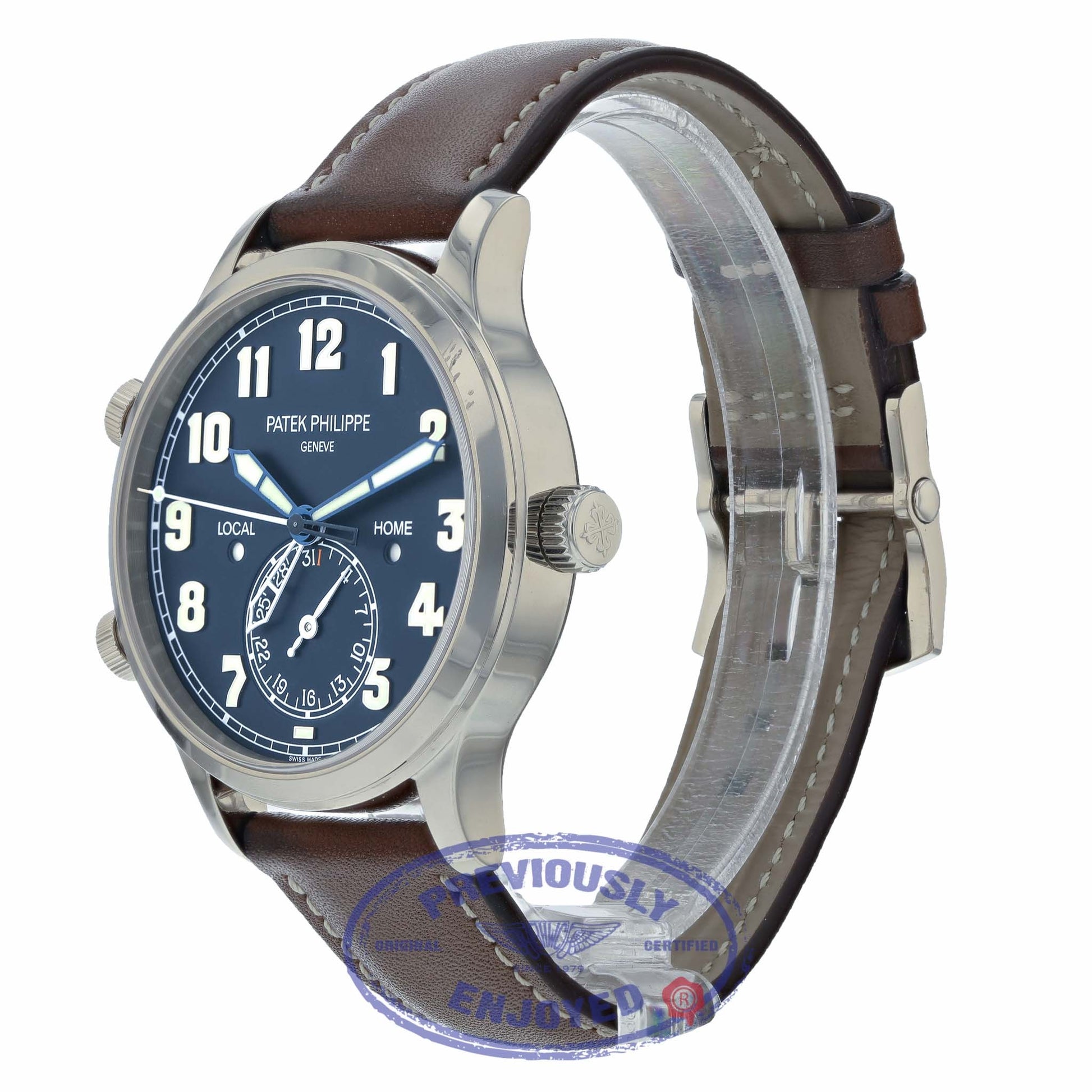 Patek Philippe 42mm Calatrava Pilot Travel Time Blue Dial Automatic 5524G-001 TXCD4L - Beverly Hills Watch Company