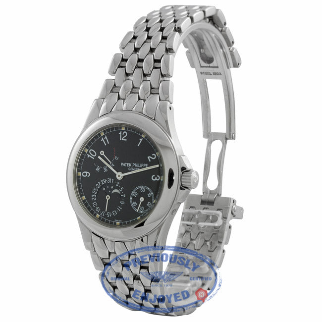 Patek Philippe 37mm Power Reserve Moonphase Black Dial Stainless Steel Watch 5085/1A NRML5C - Beverly Hills Watch Company
