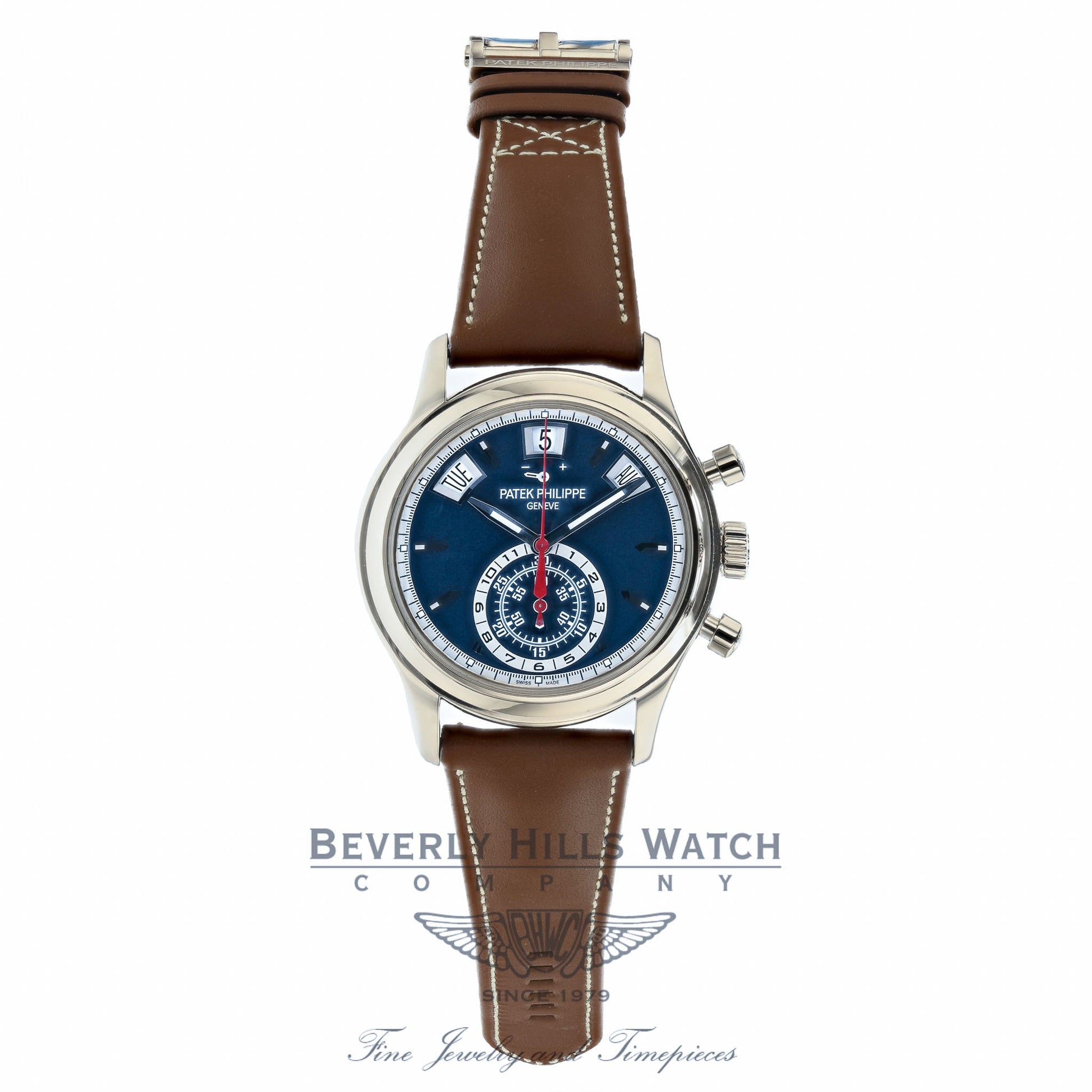 Patek Philippe White Gold Annual Calendar Chronograph Blue Dial 40.5mm 5960/01g-001 1AQVF6 - Beverly hills Watch Company