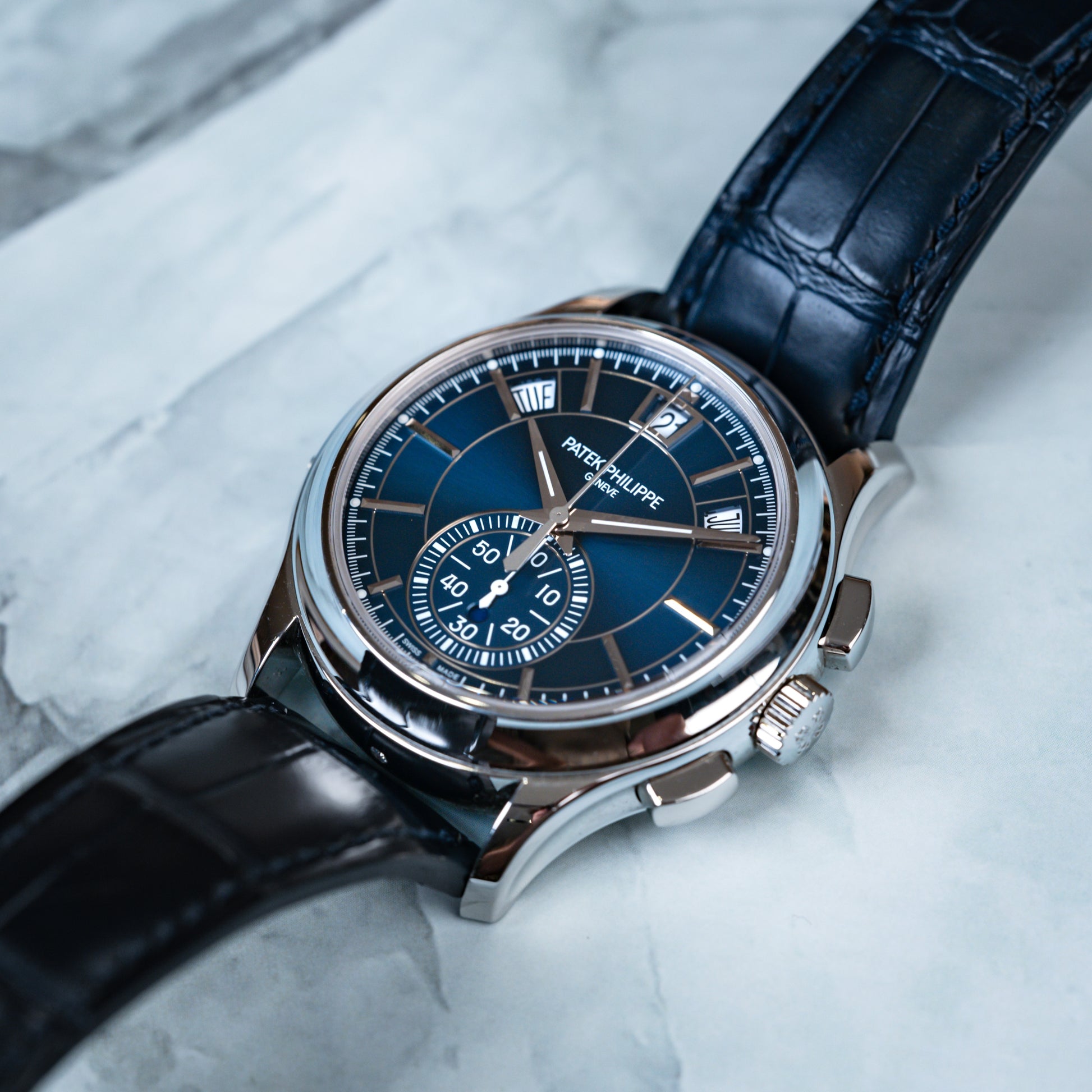 Patek Philippe Annual Chronograph Platinum 42mm Blue Dial 5905P-001 - Beverly Hills Watch Company