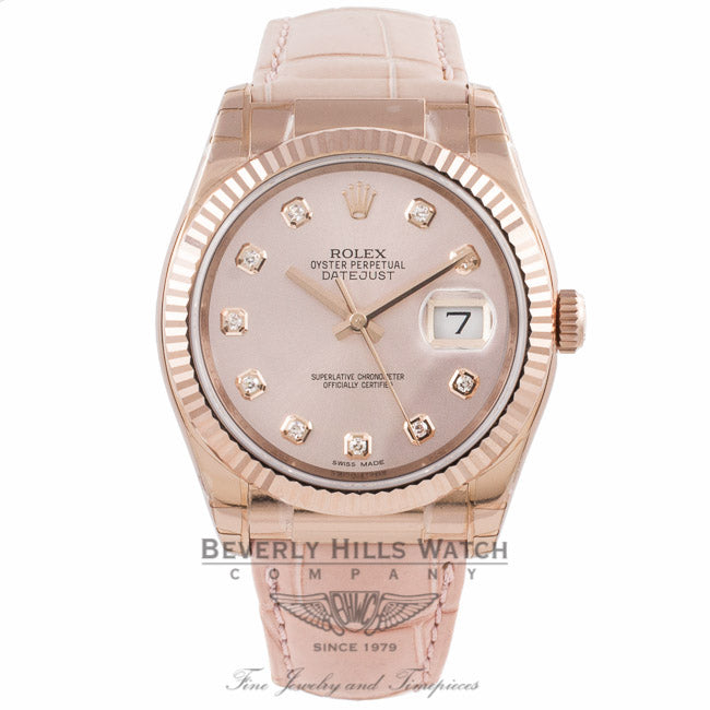 Rolex Datejust 36MM Rose Gold Fluted Bezel Pink Diamond Dial Pink Alligator Strap 116135 PMNPXN
