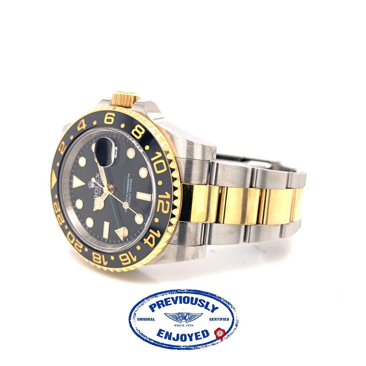 Rolex GMT MASTER II Stainless Steel and Yellow Gold Oyster Bracelet Black Dial Ceramic Bezel 116713LN PR9PZR - Beverly Hills Watch Company
