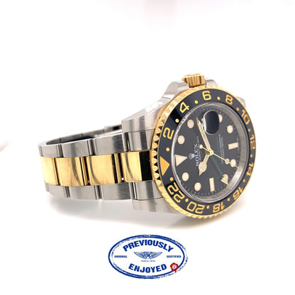 Rolex GMT MASTER II Stainless Steel and Yellow Gold Oyster Bracelet Black Dial Ceramic Bezel 116713LN PR9PZR - Beverly Hills Watch Company
