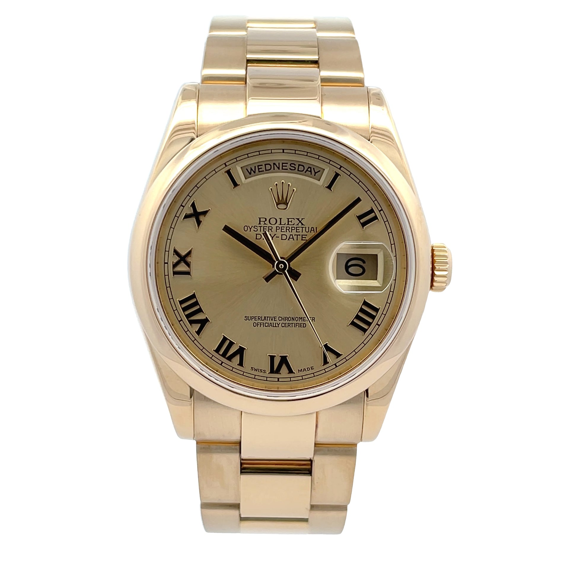 Rolex Day-Date Oyster 36MM Yellow Gold Champagne Roman 118208 - Beverly Hills Watch Company