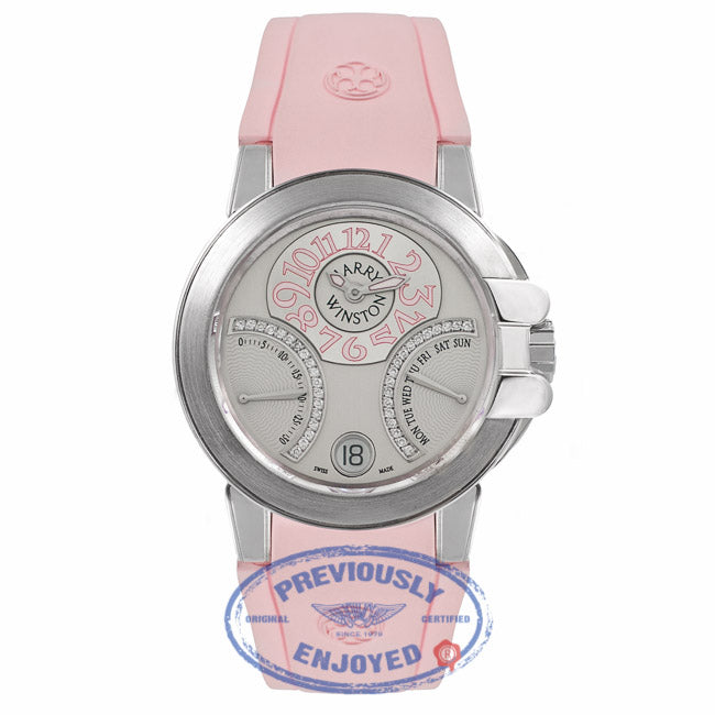 Harry Winston The Ocean Bi Retrograde 18K White Gold Silver Diamond Dial Pink Rubber Strap Ladies Watch 400-UABI36WC.WDP Beverly Hills Luxury Watches