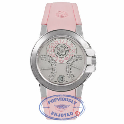 Harry Winston The Ocean Bi Retrograde 18K White Gold Silver Diamond Dial Pink Rubber Strap Ladies Watch 400-UABI36WC.WDP Beverly Hills Luxury Watches