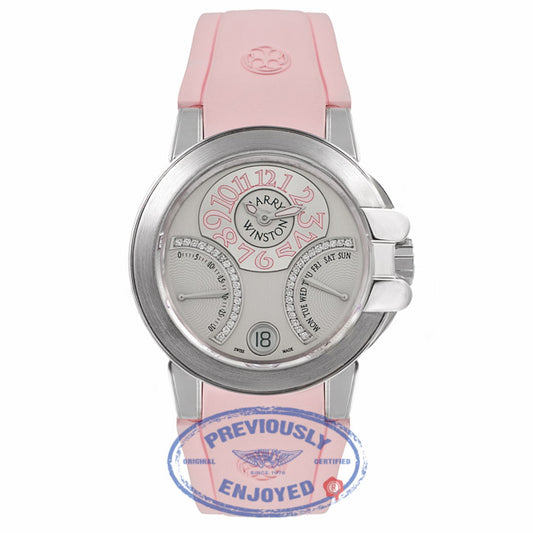 Harry Winston The Ocean Bi Retrograde 18K White Gold Silver Diamond Dial Pink Rubber Strap Ladies Watch 400-UABI36WC.WDP Beverly Hills Luxury Watches