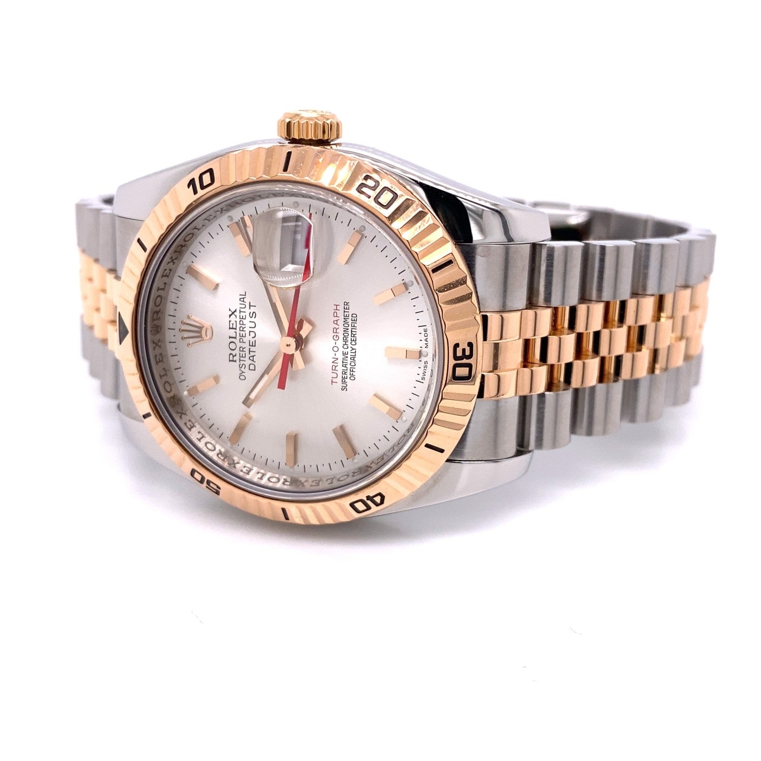 Rolex Datejust Turn-O-Graph 36mm Rose Gold and Stainless Steel Silver Stick Dial 116261 QV7QK1 - Beverly Hills Watch Company