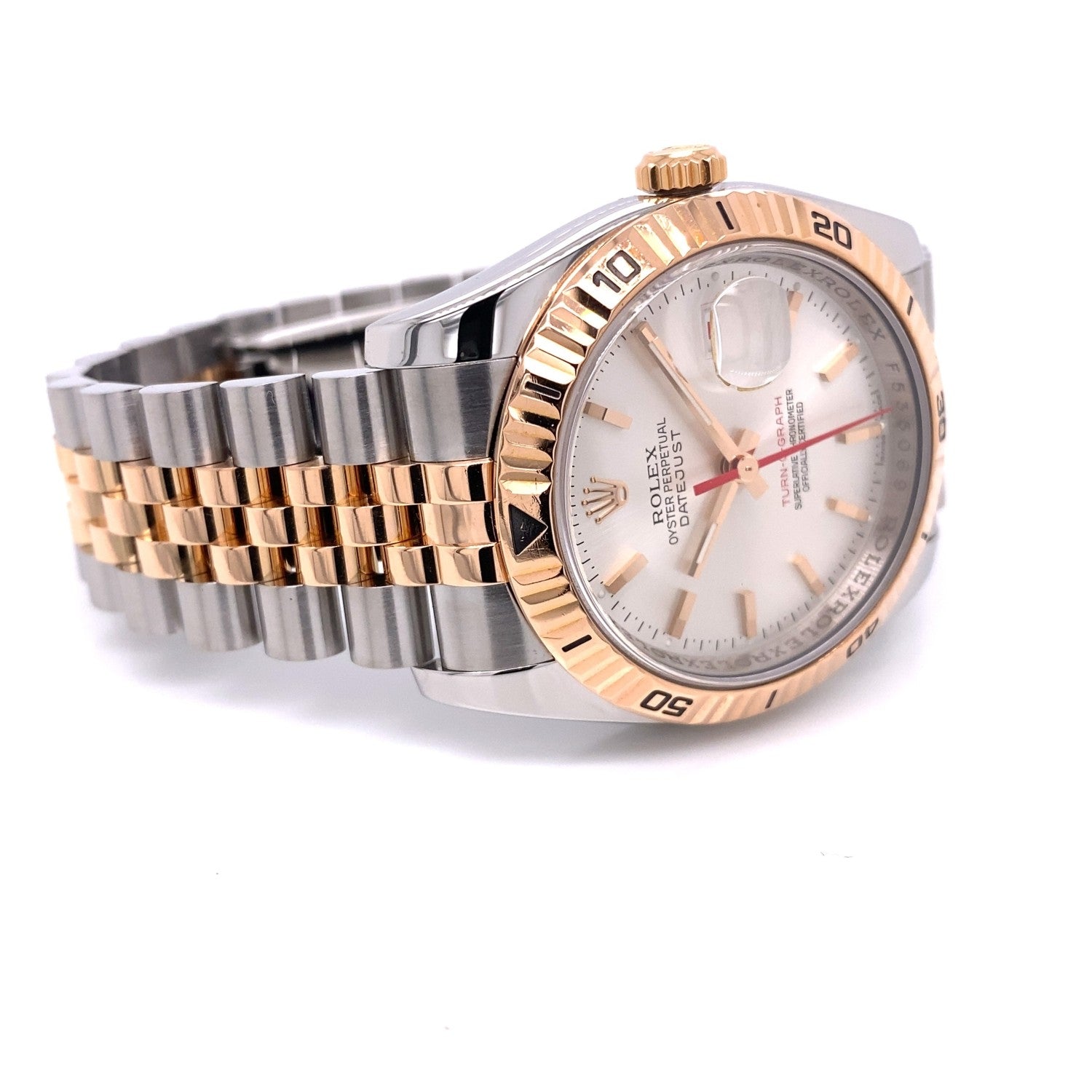 Rolex Datejust Turn-O-Graph 36mm Rose Gold and Stainless Steel Silver Stick Dial 116261 QV7QK1 - Beverly Hills Watch Company